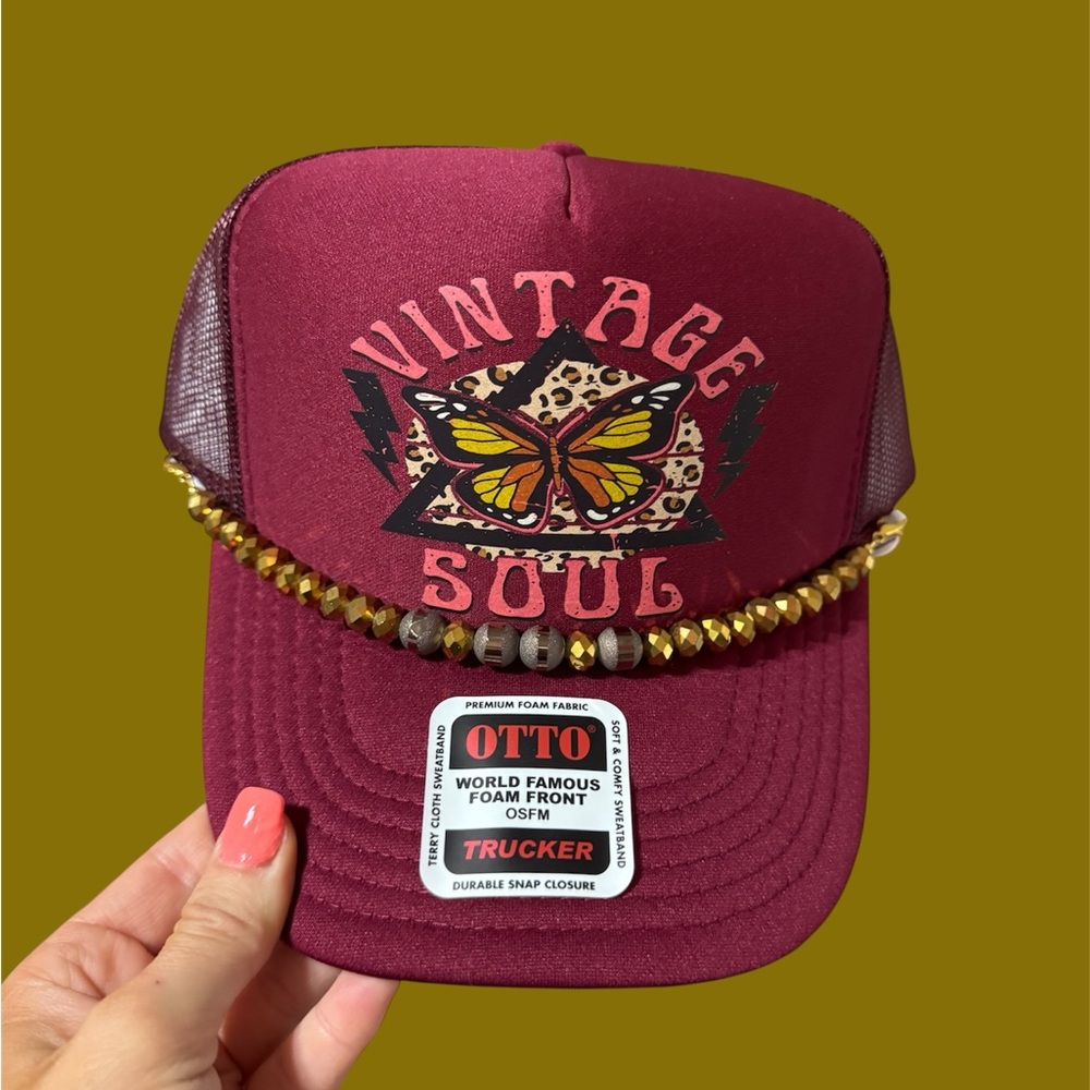 OTTO Maroon Trucker Hat with Butterfly Design